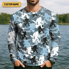 Maxcorners Bigfoot Blue Camo Fishing SPF Shirts, Bassquatch Fishing Shirts, Fishing Shirts For Men, Funny Fisherman Gift