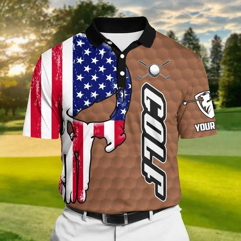 MaxCorners Premium Skull Usa Flag Brown Pattern Golf Polo Shirts Multicolored Customized Name Polo For Men