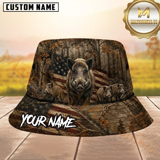 Maxcorners Boar Hunting Faded US Flag Woods Camo Personalized Name 3D Bucket Hat