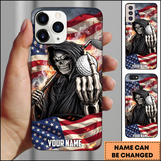 Maxcorners Golf Badass Grim Reaper Golfer with American Flag Background Personalized Phone Case
