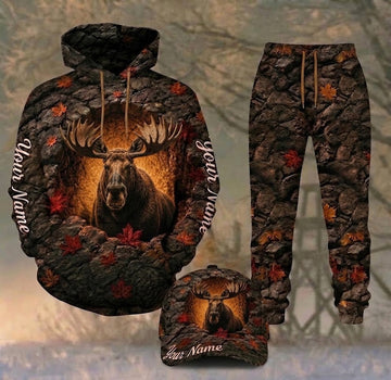 Maxcorners Hunting Moose Autumn Stone Cave Personalized 3D Combo Hoodie, Sweatpants Set & Cap