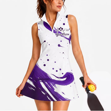 Maxcorners Pickleball Sleeveless Zipper Sports Dress Set Purple Dynamic Player Emblem Personalized Name 3D Sleeveless Zipper Sports Dress Set