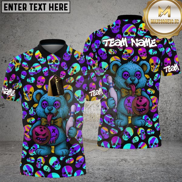 Maxcorners Bowling Shirt Crazy Cartoon Teddy Bear Bowling Ball Multioptions Personalized Name, Team Name Unisex 3D Shirt (4 Colors)