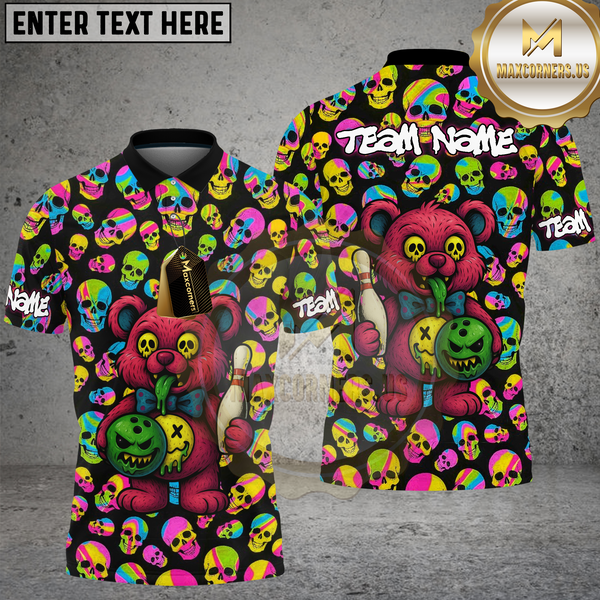 Maxcorners Bowling Shirt Crazy Cartoon Teddy Bear Bowling Ball Multioptions Personalized Name, Team Name Unisex 3D Shirt (4 Colors)