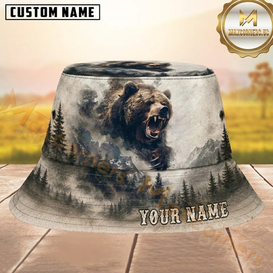 Maxcorners Bear Hunting Vintage Gray Mountain Personalized Name 3D Bucket Hat