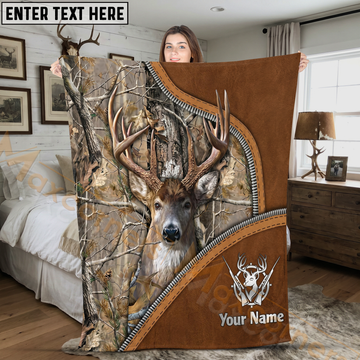 Maxcorners Rustic Leather Whitetail Deer Hunting Camo Personalized 3D Blanket
