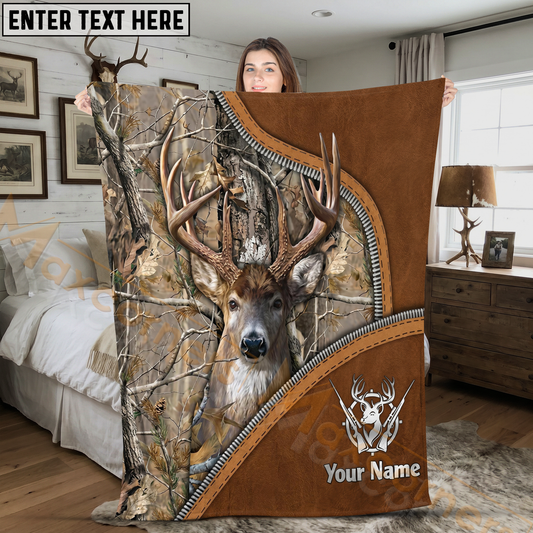 Maxcorners Rustic Leather Whitetail Deer Hunting Camo Personalized 3D Blanket