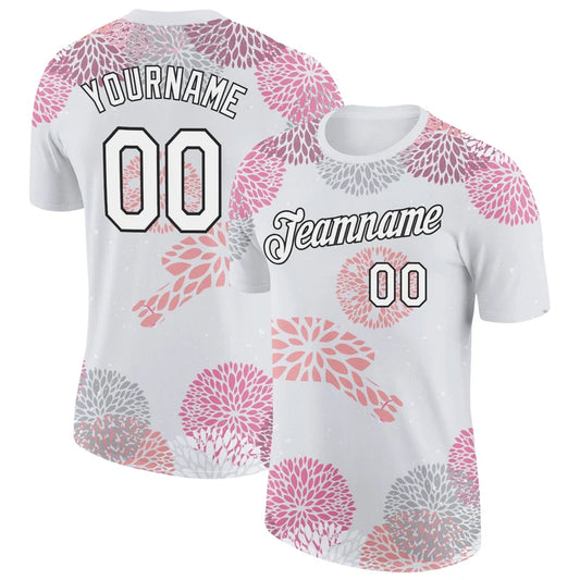 Maxcorners Pickleball Paddle Ball Pink Grey Chrysanthemum Floral Pattern Personalized Name 3D Unisex Shirt