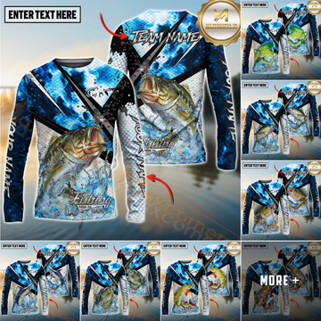 Maxcorners Fishing Blue Scale Splash Personalized Name, Team Name 3D Long Sleeve Shirt ( 12 Fish Species)