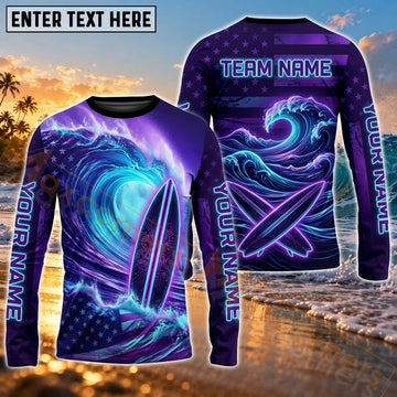 Maxcorners Surfboard Abstract Wave Graphic & Purple Ocean Art Customized Name, Team Name 3D Long Sleeve Shirt