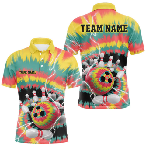 Maxcorners Custom Colorful Tie Dye Bowling Polo Shirts For Men, Rainbow Bowling Outfits LM1605