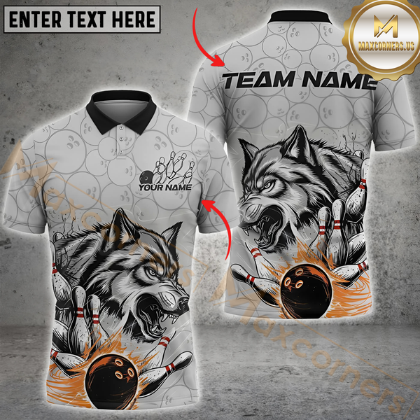 Maxcorners Bowling Wolf Strike Multicolor Option Customized Name, Team Name 3D Polo Shirt