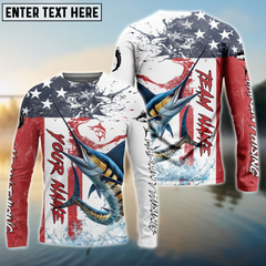 Maxcorners Marlin Fishing American Flag Seawave Personalized Name, Team Name 3D Long Sleeve Shirt