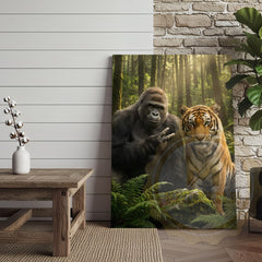 Maxcorners Jungle Wildlife Canvas Wall Art - Gorilla Tiger Friendship Forest Print