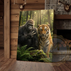 Maxcorners Jungle Wildlife Canvas Wall Art - Gorilla Tiger Friendship Forest Print