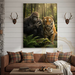 Maxcorners Jungle Wildlife Canvas Wall Art - Gorilla Tiger Friendship Forest Print