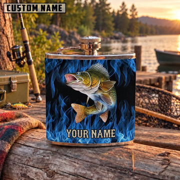 Maxcorners Fishing Largemouth Bass Dark Blue Flame Personalized Name 3D Hip Flask