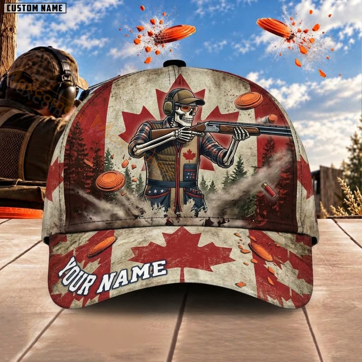 Maxcorners Trap & Skeet Shooting Canadian Flag Skull Reaper Shooter Personalized Name 3D Cap