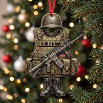 Maxcorners Military Olive Helmet Tactical Vest And Rifle Personalized Name 3D Keychain And Ornament