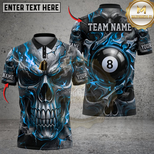 Maxcorners Billiards Silver Chrome Skull Black 8 Ball Multicolor Customized Name, Team Name 3D Shirts ( 4 Colors )