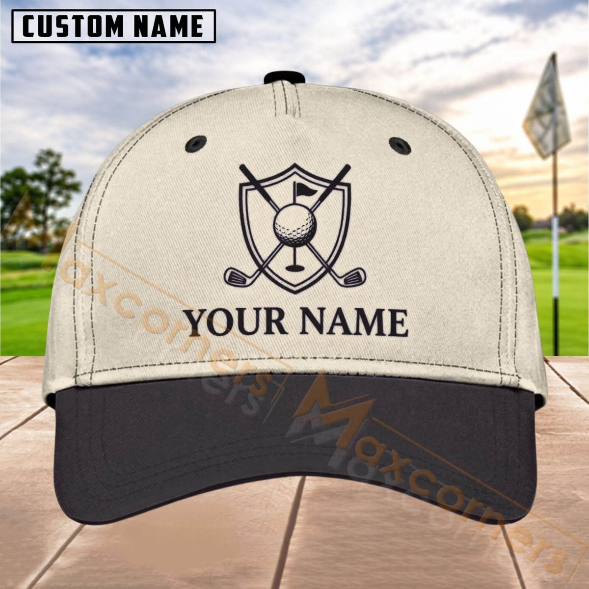 Maxcorners Golf Shield Clubs Logo Personalized Name 3D Cap (7 Colors)