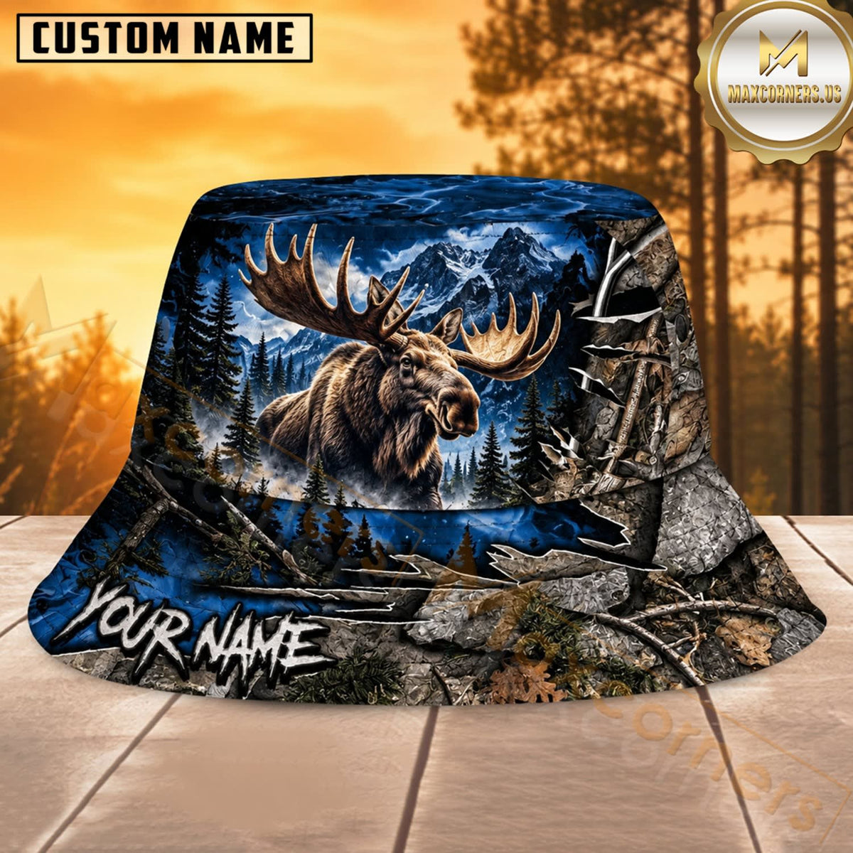 Maxcorners Deer Hunting Blue Ice Antler Personalized Name 3D Bucket Hat
