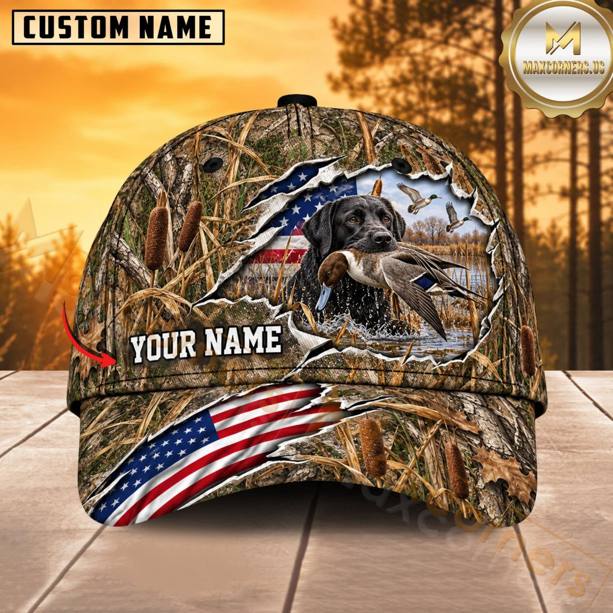 Maxcorners Dog Hunting And Duck Woodland Camo Torn American Flag Personalized Name 3D Cap