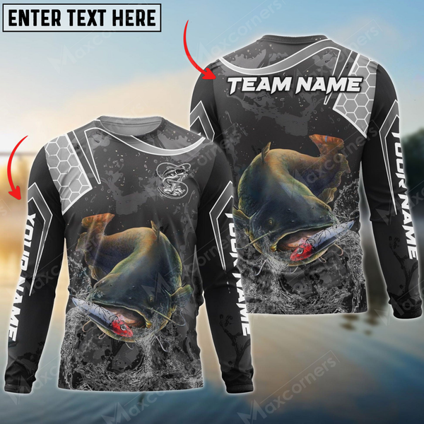 Maxcorners Catfish Fishing Gray Camo Sport Personalized Name, Team Name 3D Long Sleeve Shirt