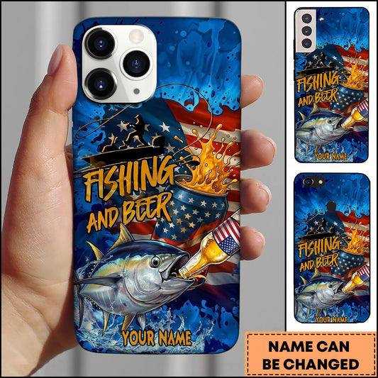 Maxcorners Tuna Fishing Phone Case Fishing And Beer American Flag Personalized Name 3D Phone Case