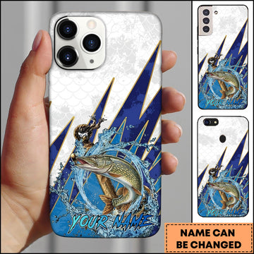 Maxcorners Pike Fishing Phone Case Jumping Water Splash Blue Lightning Scale Pattern Personalized Name Phone Case