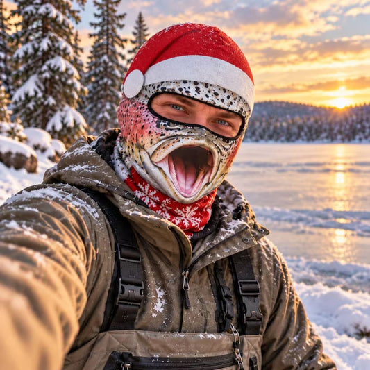 Maxcorners Rainbow Trout Fish Open Mouth Santa Claus Hat Winter Snow Personalized 3D Balaclava Face Mask