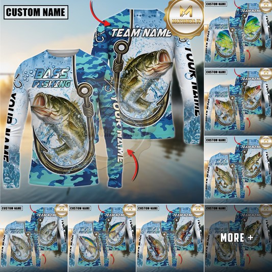 Maxcorners Fishing Blue Camo Water Splash Personalized Name, Team Name 3D Long Sleeve Shirt ( 12 Fish Species)