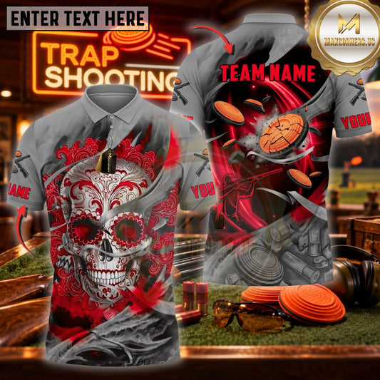 Maxcorners Trap Shooting Skull & Shotgun Graphic with Flying Clay Targets Multicolor Customized Name, Team Name 3D Shirts