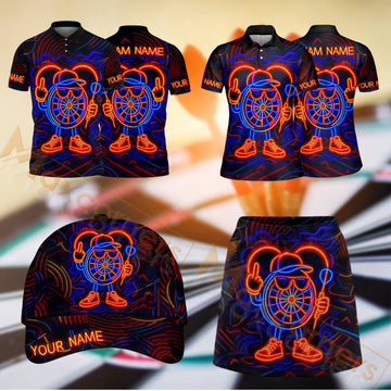 Maxcorners Darts Neon Dartboard Design Personalized Team Sportswear Set - Polo Shirt, Cap & Skorts
