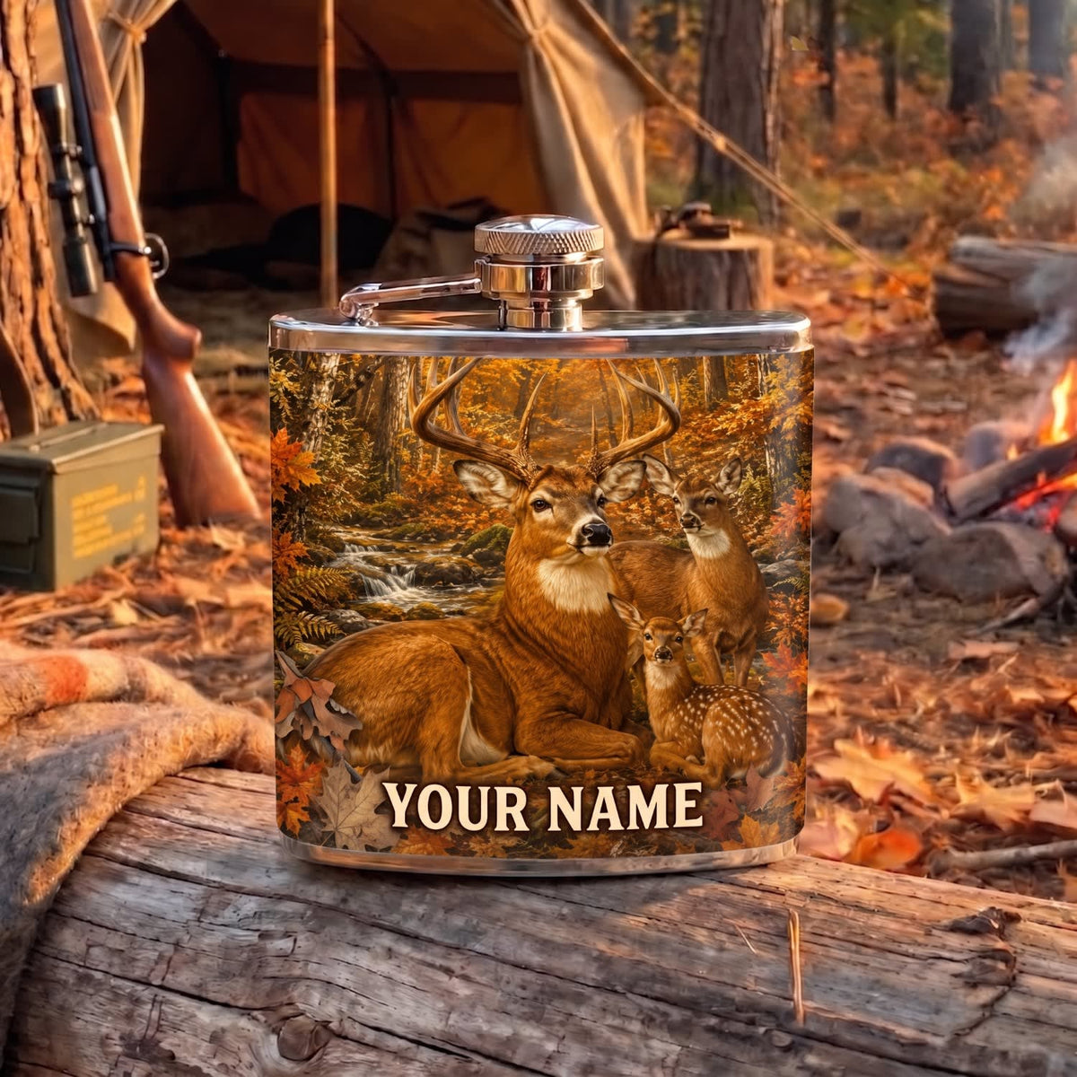 Maxcorners Hunting Whitetail Deer Autumn Forest Design Personalized Name 3D Hip Flask