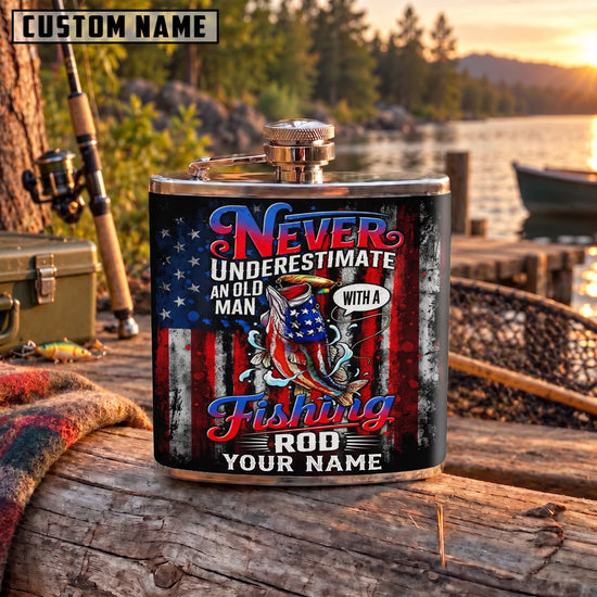Maxcorners Fishing Never Underestimate A Man Who Loves Fishing American Flag Personalized Name 3D Hip Flask