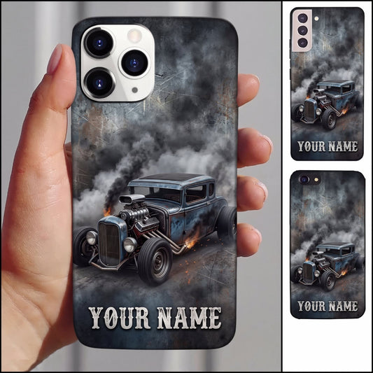 Maxcorners Hot Rod Black Classic Car with Gray Smoke and Vintage Garage Personalized Name 3D Phone Case