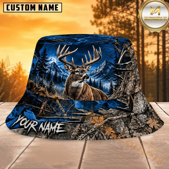 Maxcorners Deer Hunting Blue Mountain Silhouette Personalized Name 3D Bucket Hat