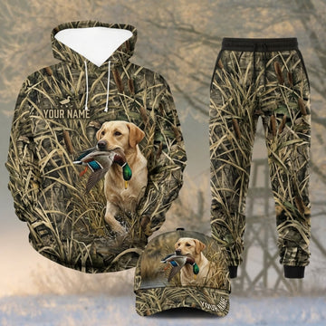Maxcorners Duck Hunting Yellow Labrador White Hood Grass Camo Personalized 3D Shirts