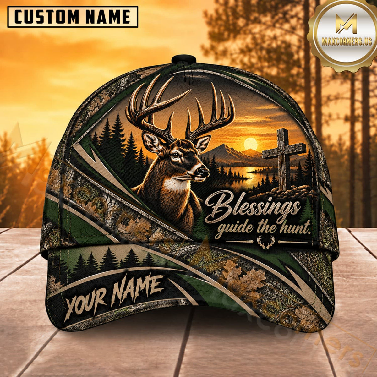 Maxcorners Deer Hunting Whitetail Buck Blessings Guide the Hunt Forest Green Camo Customized Name 3D Cap