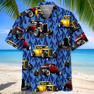 Maxcorners Personalized Hot Rod Blue Fire Hawaiian Shirt