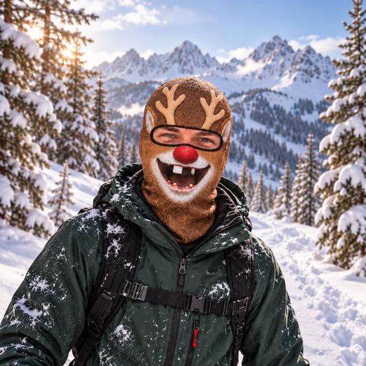 Maxcorners Rudolph Red Nosed Reindeer Funny Buck Teeth Winter Antlers Personalized 3D Balaclava Face Mask