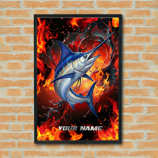 Maxcorners Blue Marlin Fishing Firestorm Action Pose Personalized Name 3D Poster