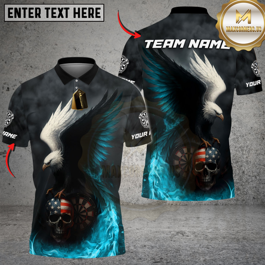 Maxcorners Darts Fire Eagle American Flag Skull Customized Name, Team Name 3D Shirt (4 Colors)