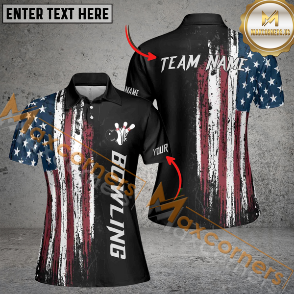 Maxcorners Usa Flag  Bowling Jersey Customized Name, Team Name 3D Shirt For Women