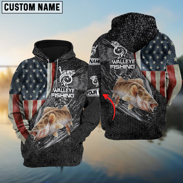 Maxcorners Walleye American Flag Patriotic Personalized Name 3D Hoodie