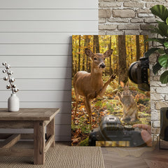 Maxcorners Funny Deer Photographer Canvas Wall Art - Autumn Forest Wildlife Humor