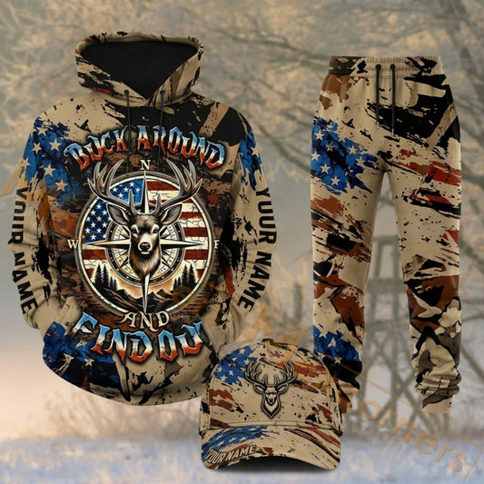 Maxcorners Hunting Buck Around And Find Out American Flag Personalized 3D Combo Hoodie, Sweatpants Set & Cap