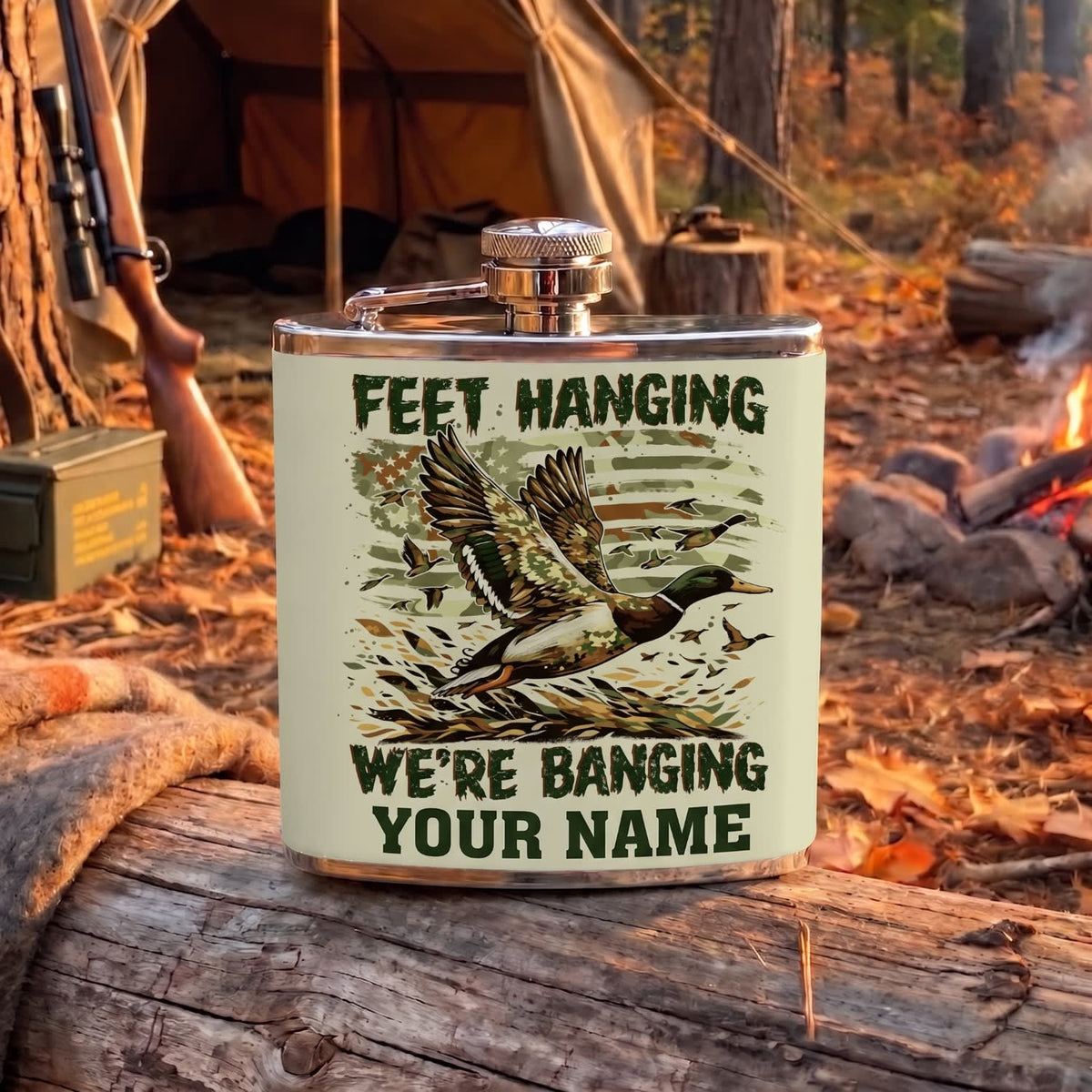 Maxcorners Hunting Duck Feet Hanging Funny Quote Design Personalized Name 3D Hip Flask