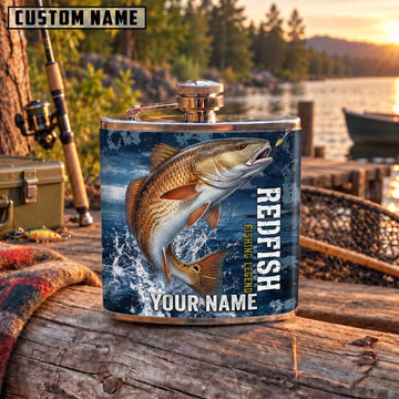 Maxcorners Fishing Redfish Ocean Wave Personalized Name 3D Hip Flask